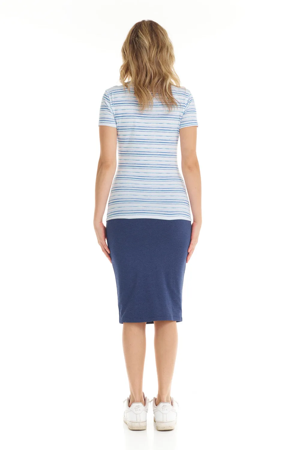 Short Sleeve Crewneck T-Shirt for Women With Blue and White Stripes B-550