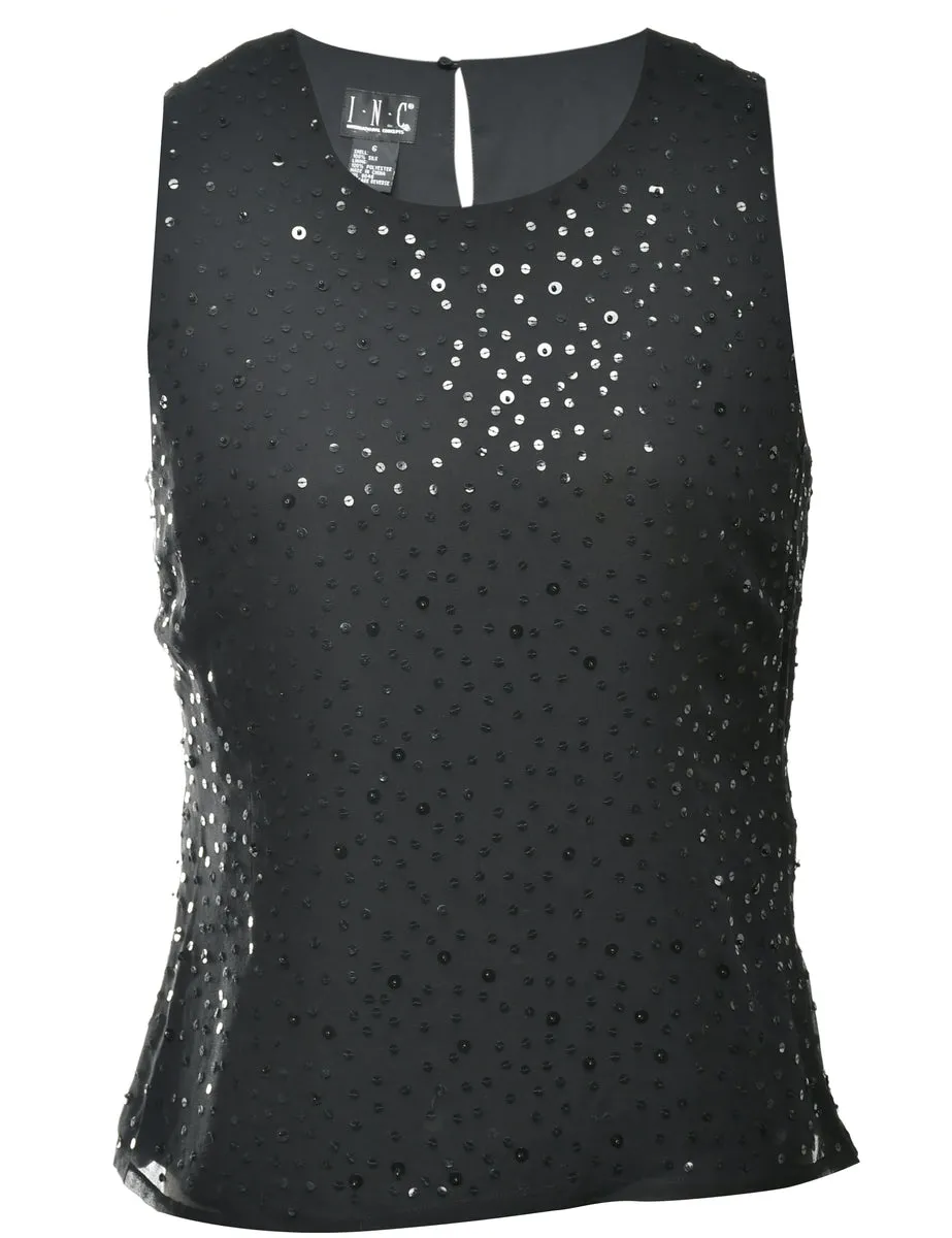 Silk Sequined Black Evening Top - S