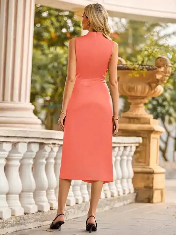 Solid color waist slit sleeveless dress