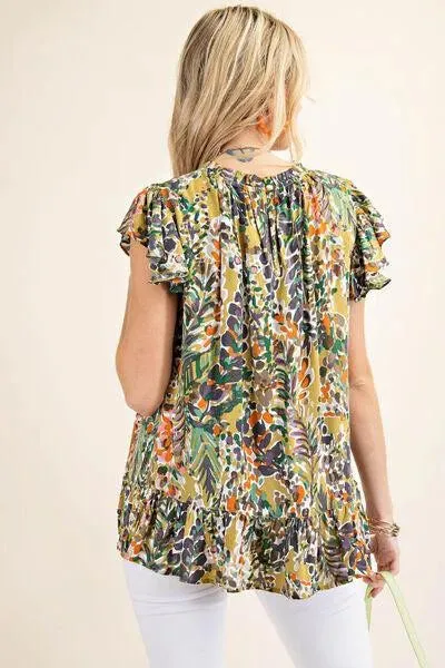 Stay Stylish and Comfy in a Printed Ruffle Hem Cap Sleeve Blouse