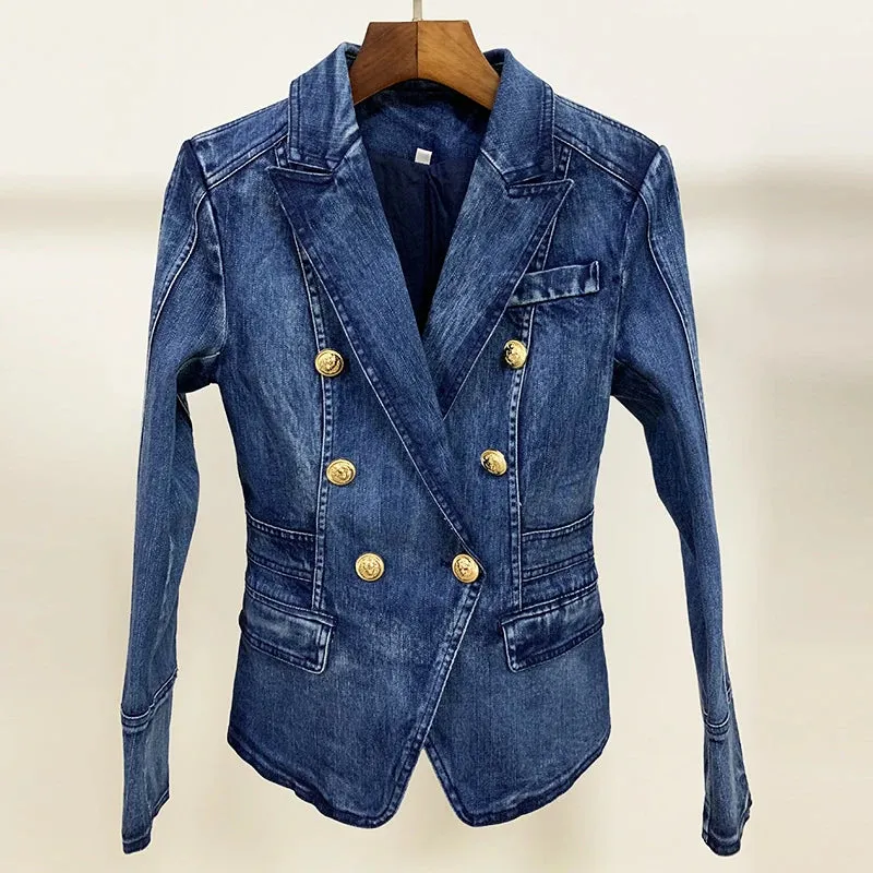 Uniwim HIGH STREET New Fashion 2024 Designer Blazer Jacket Women's Metal Lion Buttons Double Breasted Denim Blazer Outer Coat