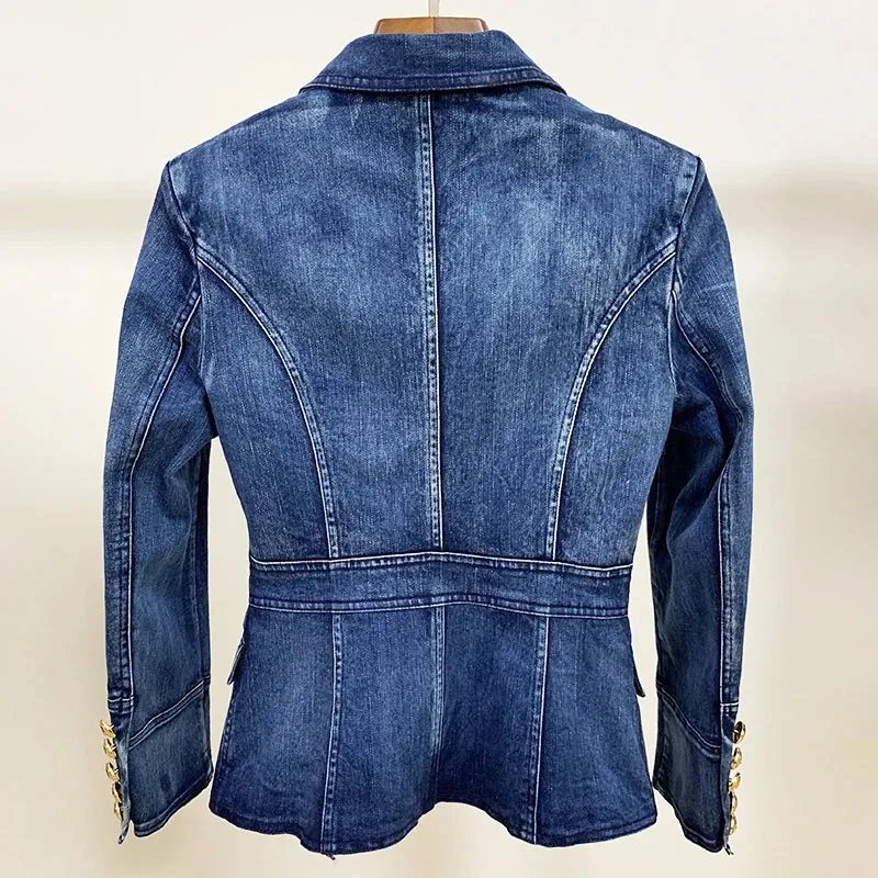 Uniwim HIGH STREET New Fashion 2024 Designer Blazer Jacket Women's Metal Lion Buttons Double Breasted Denim Blazer Outer Coat