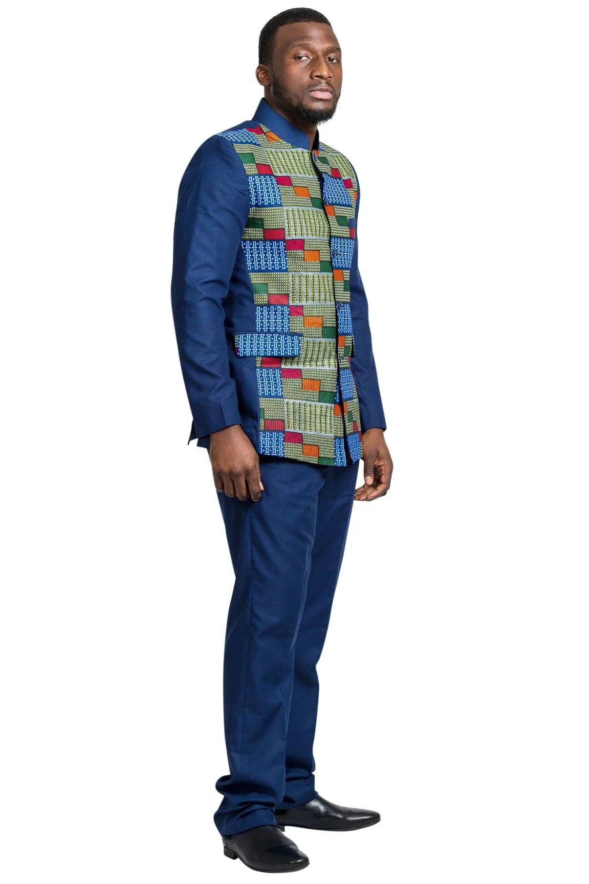 Vadik Navy Blue Men's African Print Kente Abacost Blazer (Shirt   Pant)