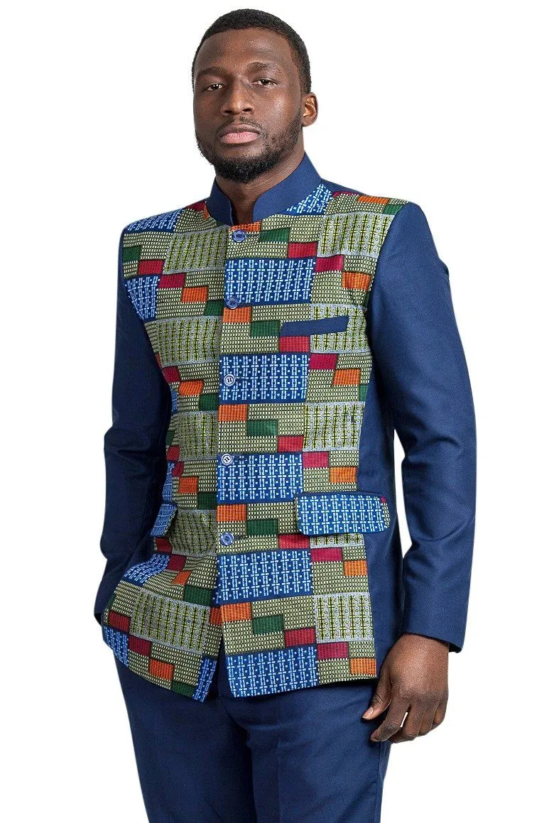 Vadik Navy Blue Men's African Print Kente Abacost Blazer (Shirt   Pant)