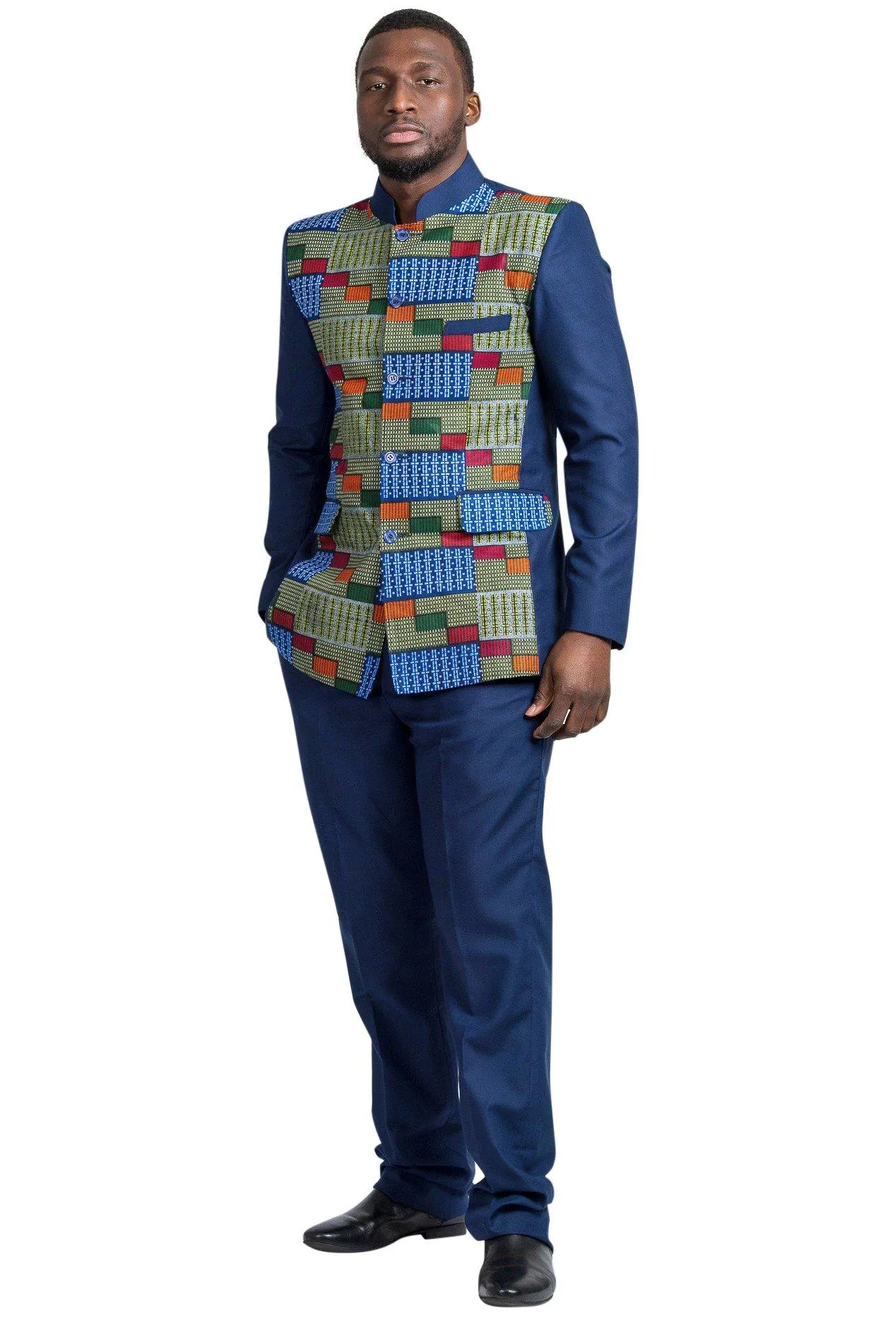 Vadik Navy Blue Men's African Print Kente Abacost Blazer (Shirt   Pant)