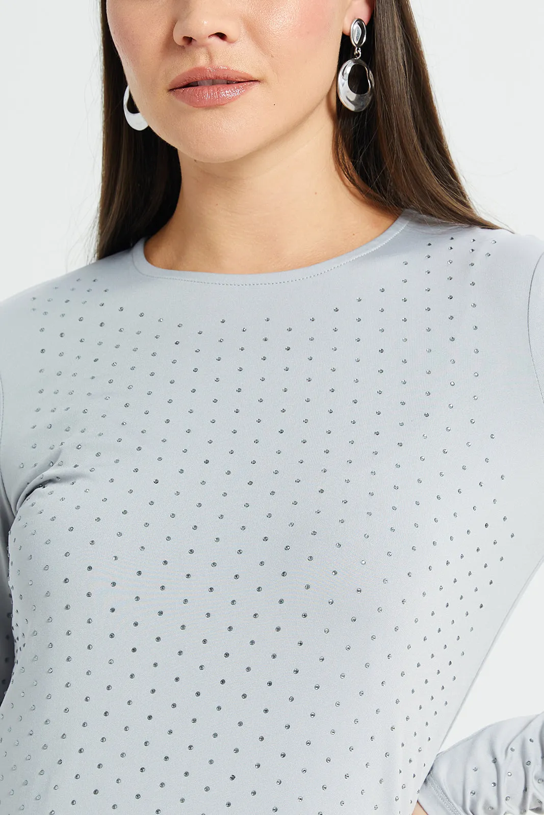 Women Grey Long Sleeve Rhinestone Top