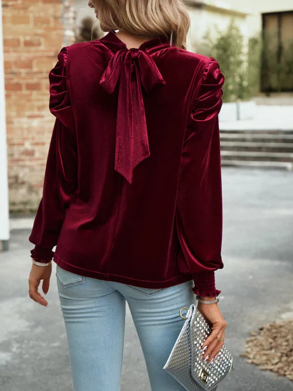 Women's Velvet Turtleneck Bow Puff Sleeve Top