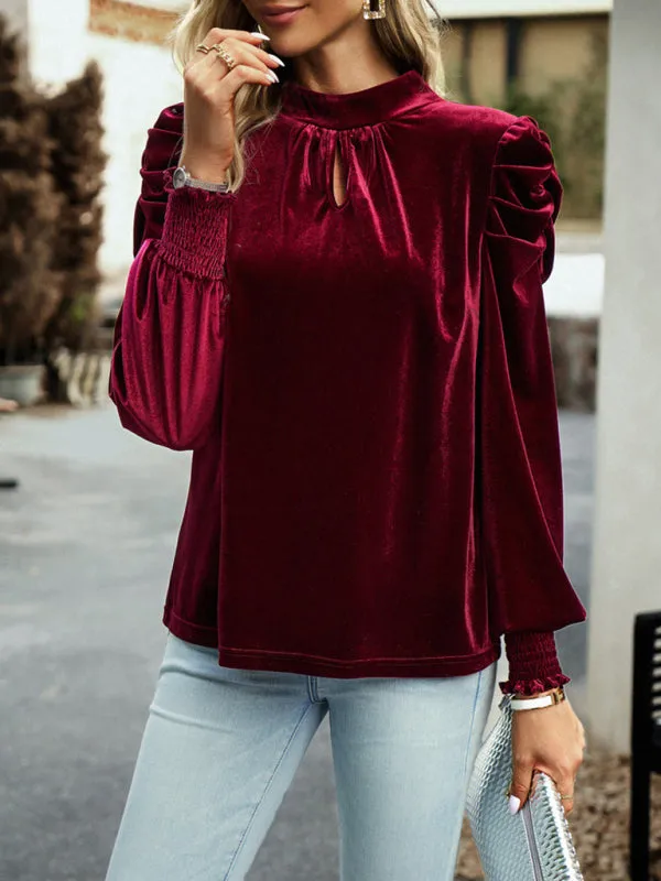 Women's Velvet Turtleneck Bow Puff Sleeve Top