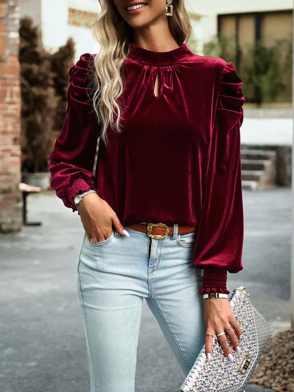 Women's Velvet Turtleneck Bow Puff Sleeve Top