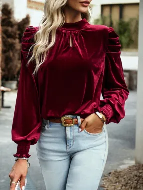 Women's Velvet Turtleneck Bow Puff Sleeve Top