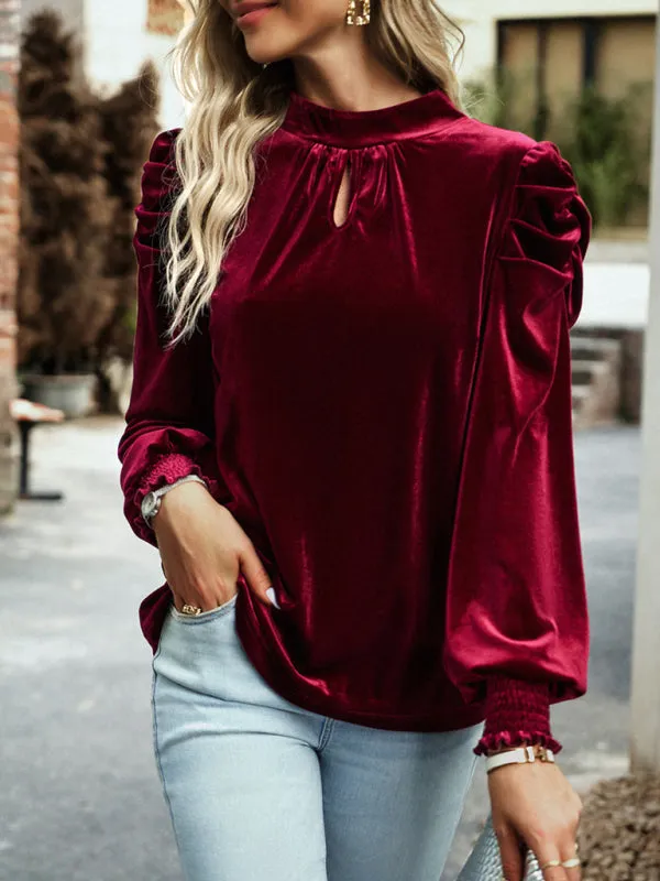 Women's Velvet Turtleneck Bow Puff Sleeve Top