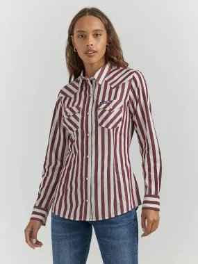 Wrangler Ladies All Occasion Western Snap Shirt - Burgundy Stripe - 112353111